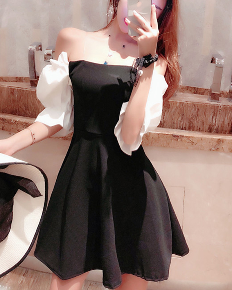 孜牧连衣裙 孜牧清纯主播上镜服装女 2019新款泡泡袖性感一字肩抹胸