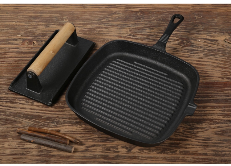 家用铸铁煎牛排用锅煎肉锅平底锅条纹加厚方形烤盘24cm牛排锅送工具三