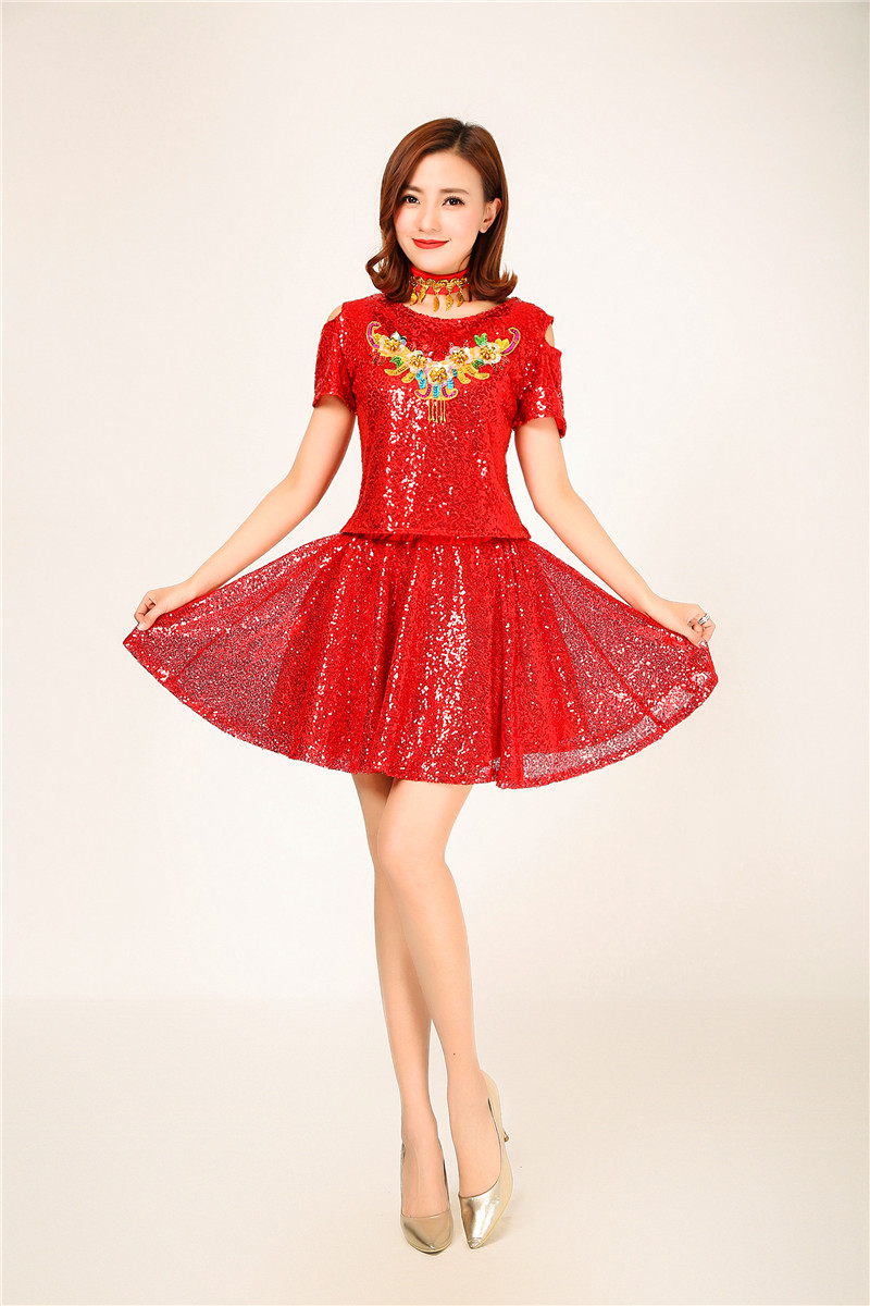 红色花朵款裙子装s广场舞服装爵士舞服装现代舞蹈演出装女2020亮片