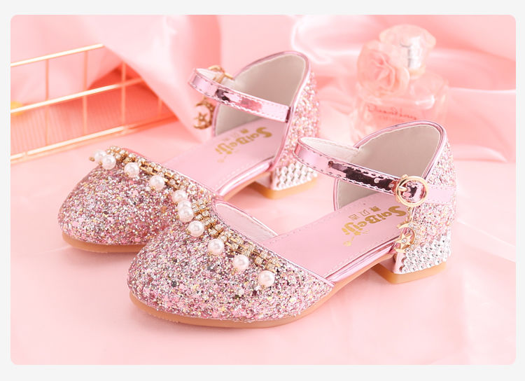 儿童高跟鞋5岁小女孩6礼服8走秀7公主水晶鞋女童银色学生表演皮鞋 a23