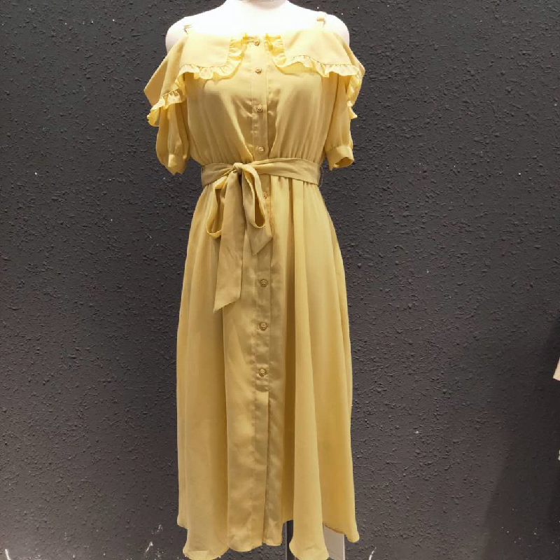 inpose连衣裙 4号inpose 线下同款前排扣一字肩露肩长款棉绸透气公主