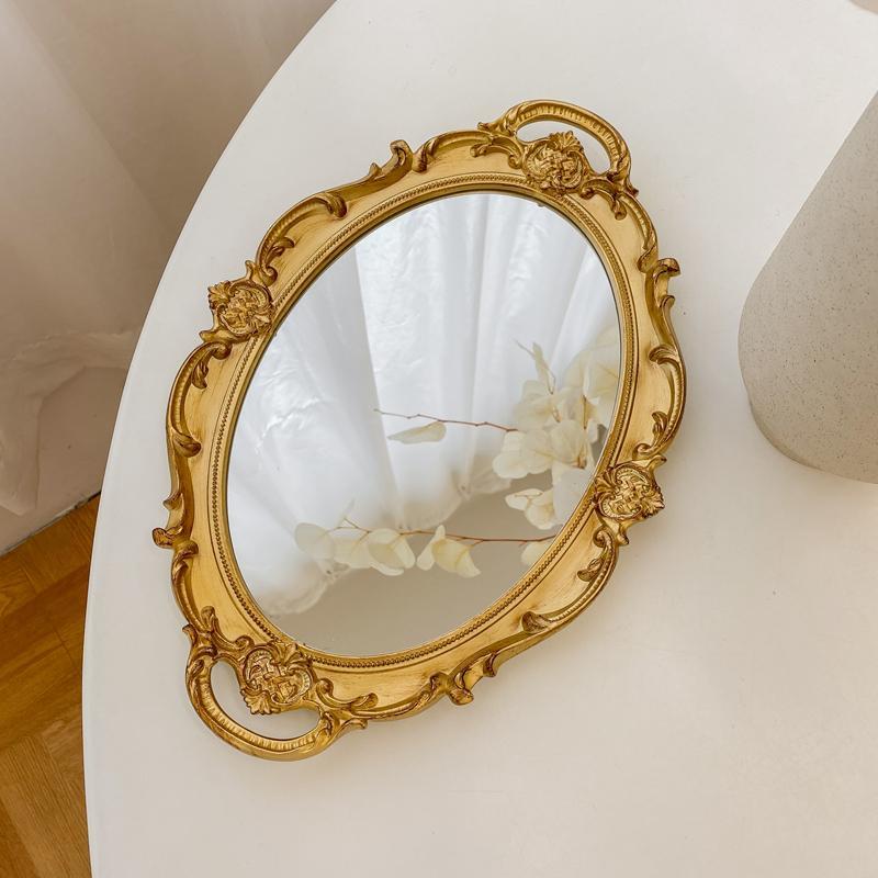 法式复古化妆镜宫廷风浮雕金色镜子ins风桌面台式梳妆镜托盘拍照圆形