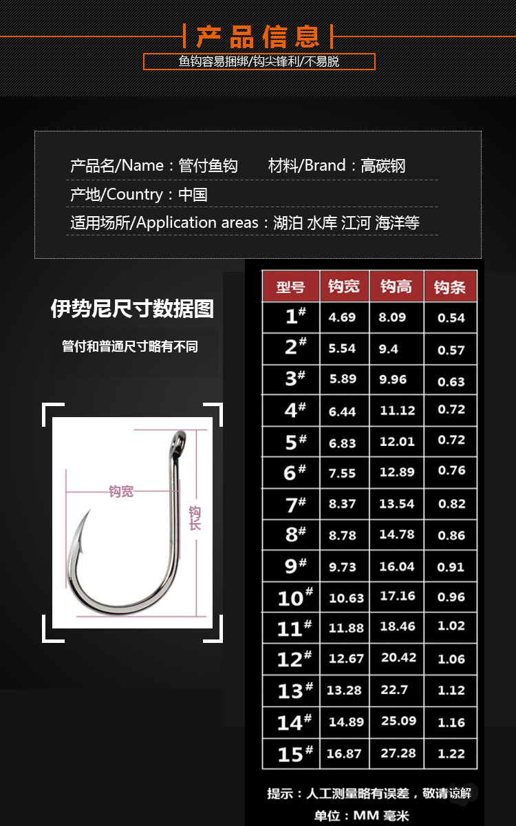 伊势尼鱼钩海钓散装管付有倒刺带孔进口渔具钓鱼用品垂钓管付 常规无