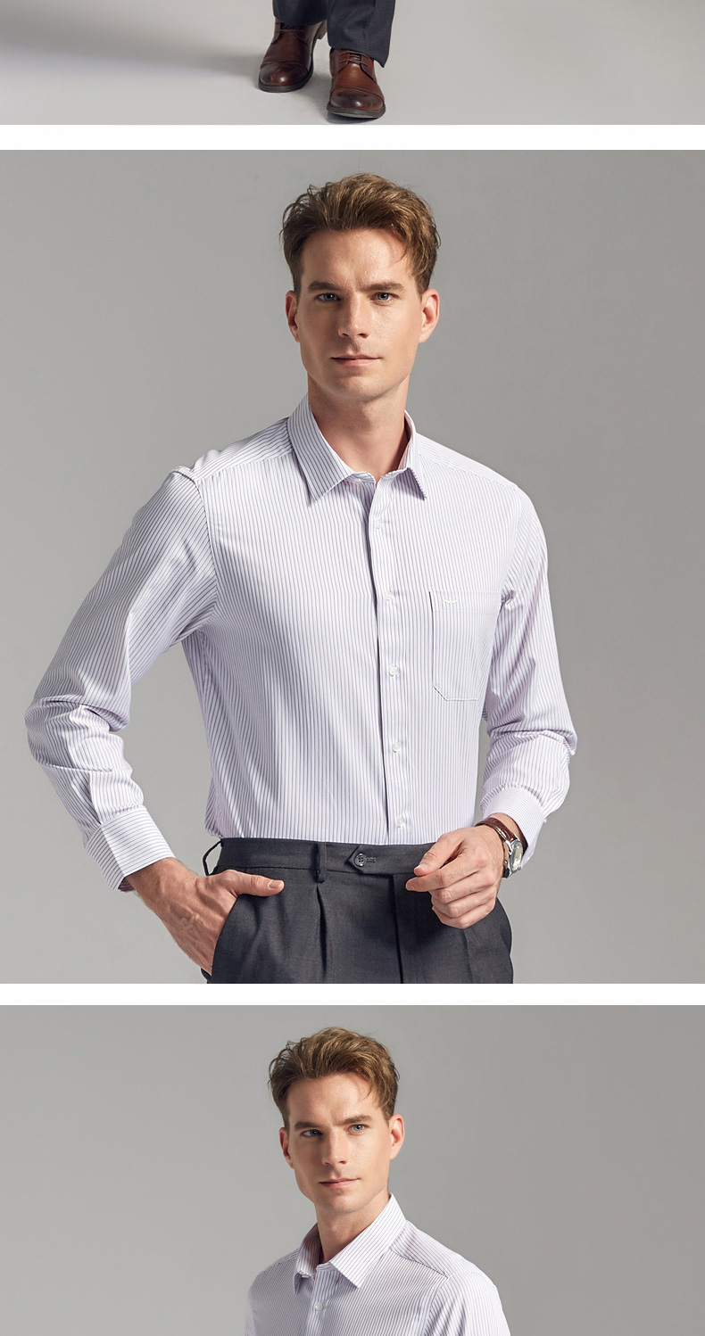 富绅莫代尔长袖纯棉衬衫男中年商务正装细条纹全棉工装宽松衬衣男