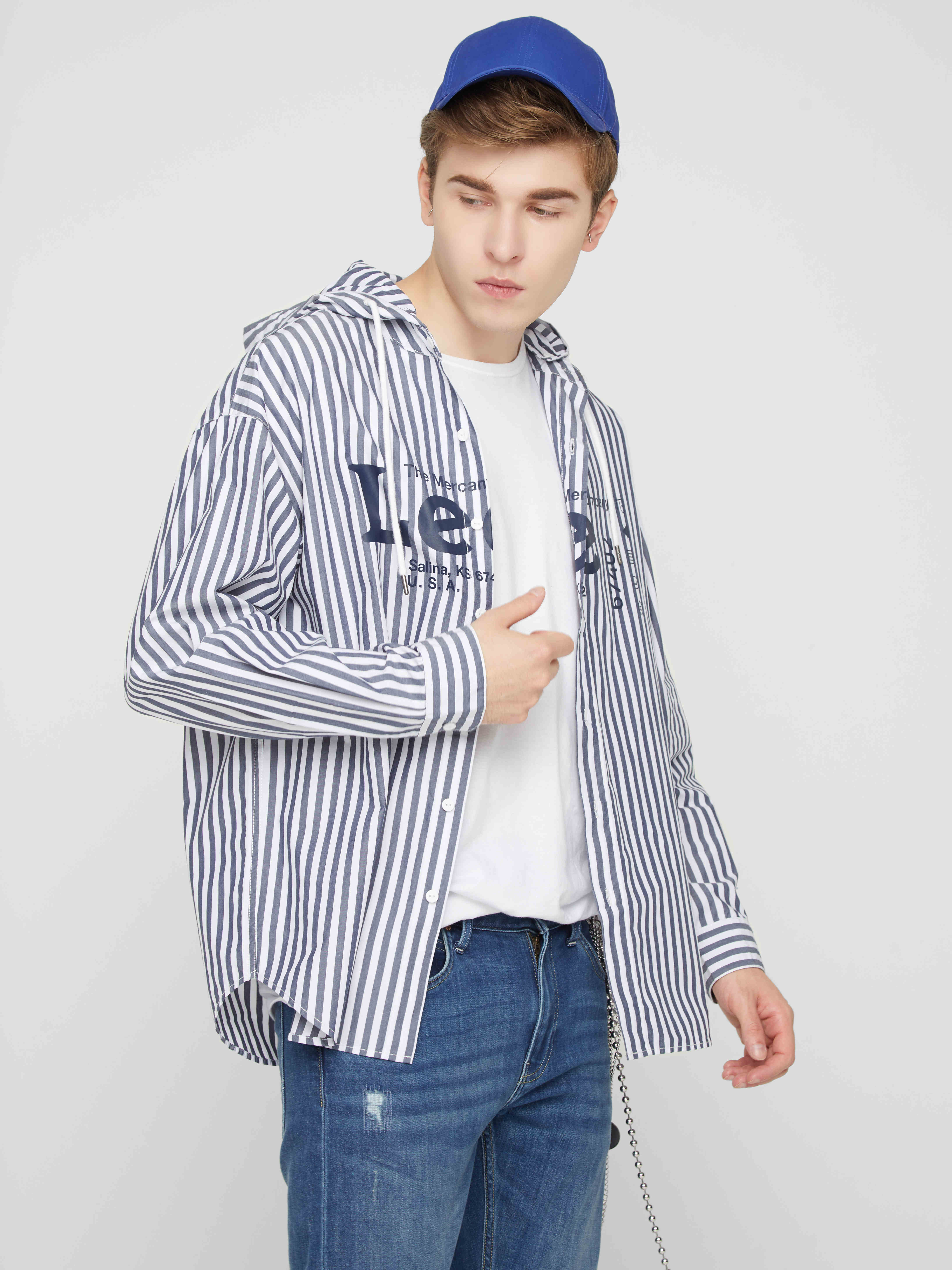 lee男黑白条纹宽松长袖衬衫