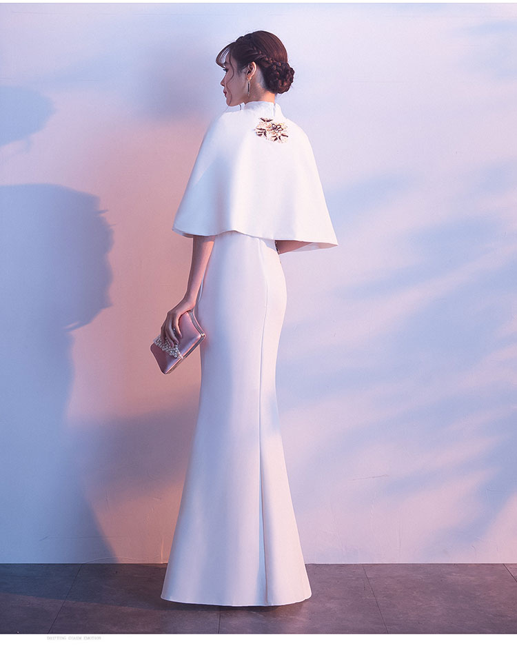 晚礼服白色旗袍女春夏鱼尾中国风长款连衣裙优雅演出合唱显瘦礼服