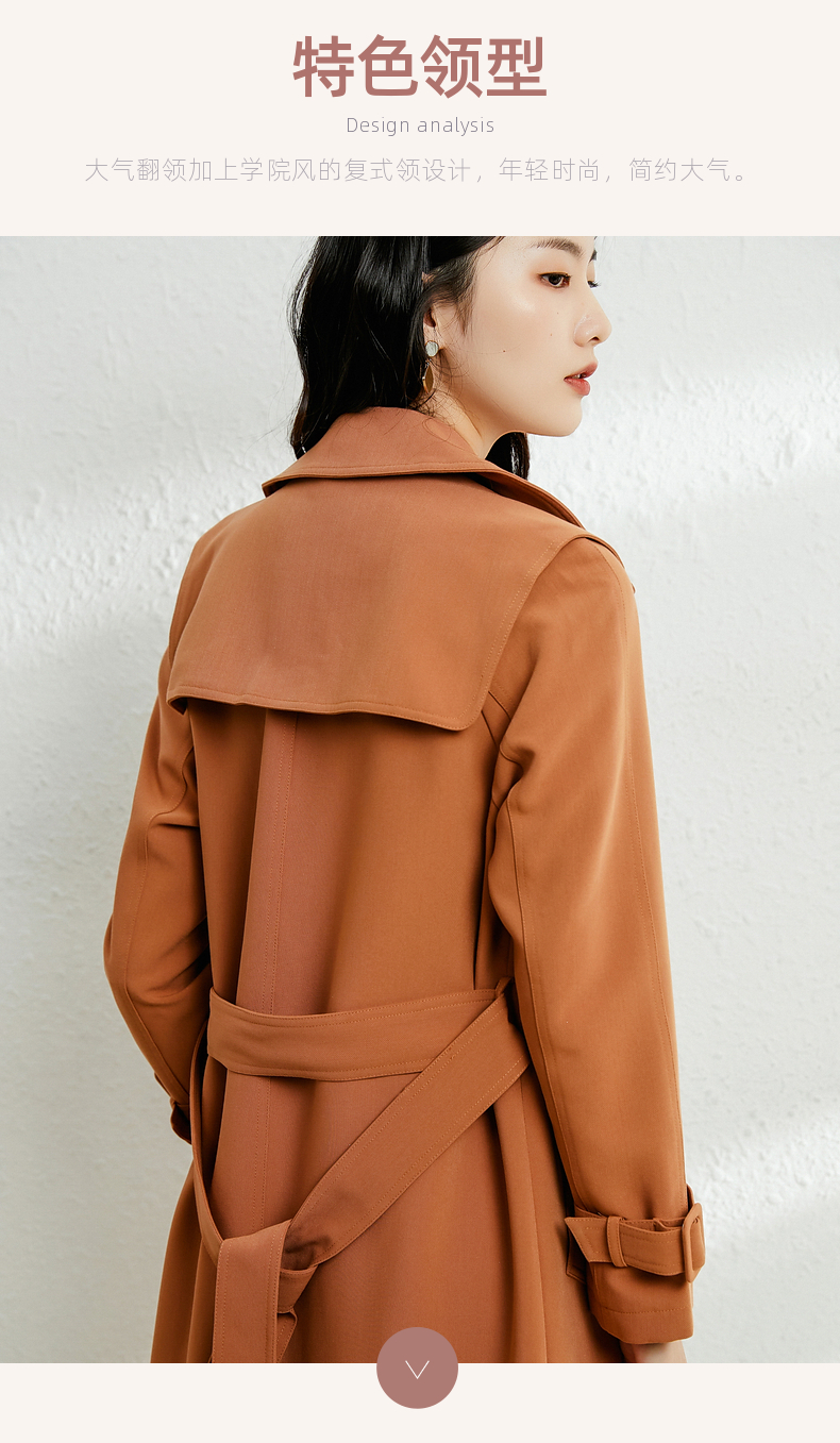 恒源祥风衣女中长款新款秋季时尚减龄双层海军领外套收腰大衣