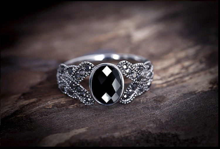 时尚民族风人工黑玛瑙戒指女黑宝石水滴复古秀气百搭指环