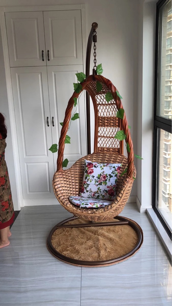 藤吊椅鸟巢吊篮阳台躺椅藤秋千户外摇椅悠闲椅定制 咖啡色真藤水草