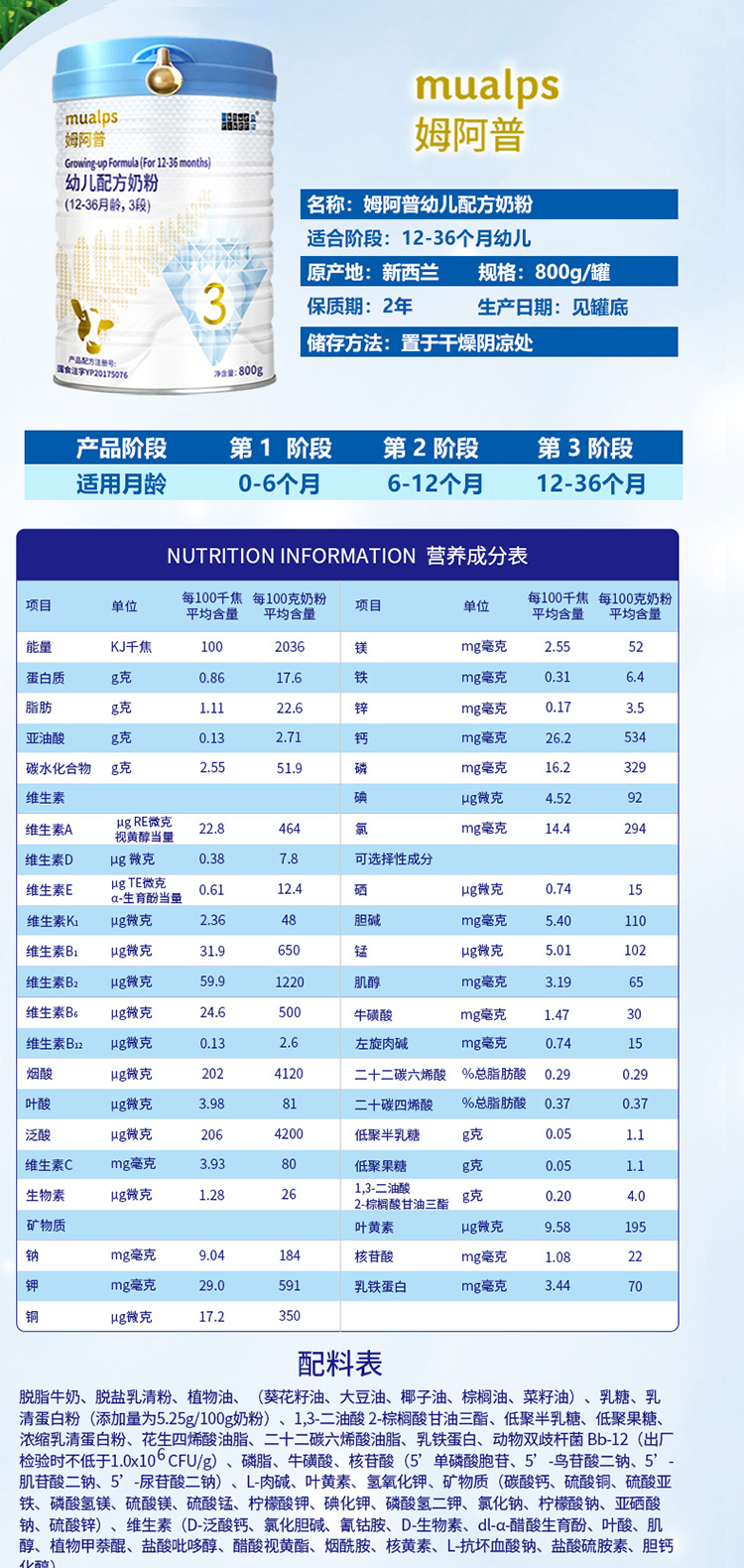 瘪罐蓝河姆阿普幼儿配方奶粉1236月龄3段800g新西兰原罐进口