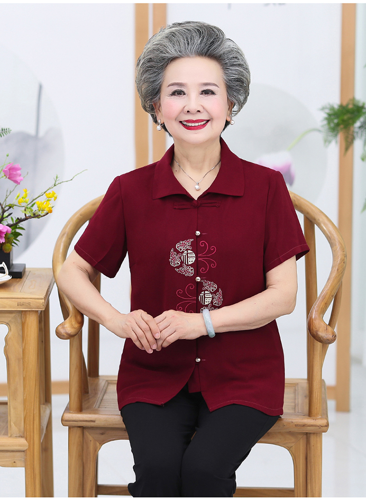 中老年人唐裝短袖老太太雪紡衫60歲70媽媽老人衣服【價格 圖片 品牌