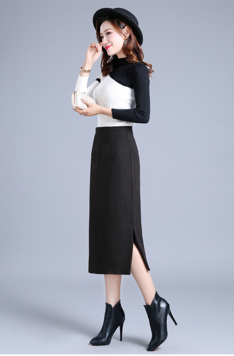 热卖毛呢包臀裙半身裙中长款女秋冬长裙修身印花高腰大码侧开叉一步裙
