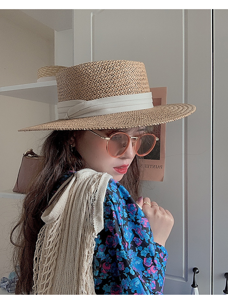 new lake网红法式平顶草帽子女小清新复古气质平沿礼帽防晒遮阳沙滩帽