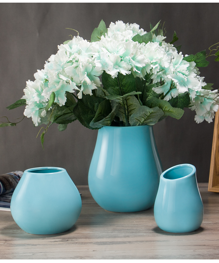 花瓶摆件装饰现代简约客厅小清新家居插花花器三维工匠蓝色矮圆形花瓶