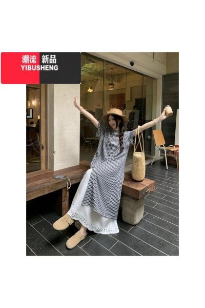 YIBUSHENG撞色格子衬衫连衣裙女季新款叠穿复古文艺松弛感小众别致长裙潮
