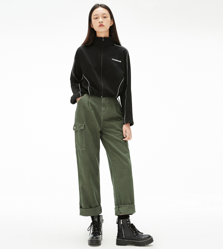 慕白女装工装裤女春季新款宽松直筒军绿色休闲裤子