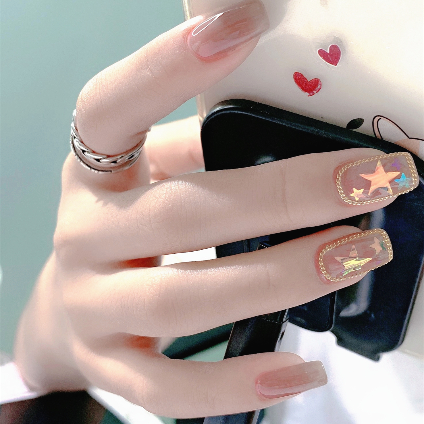 超薄美甲贴片指甲饰品链条星星混合装小号极光幻彩美甲五角星亮片三维