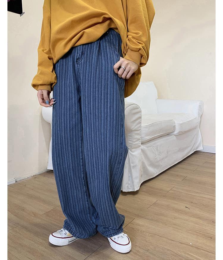 初春深蓝色竖条纹阔腿长裤高腰牛仔裤女直筒宽松设计感裤子臻依缘