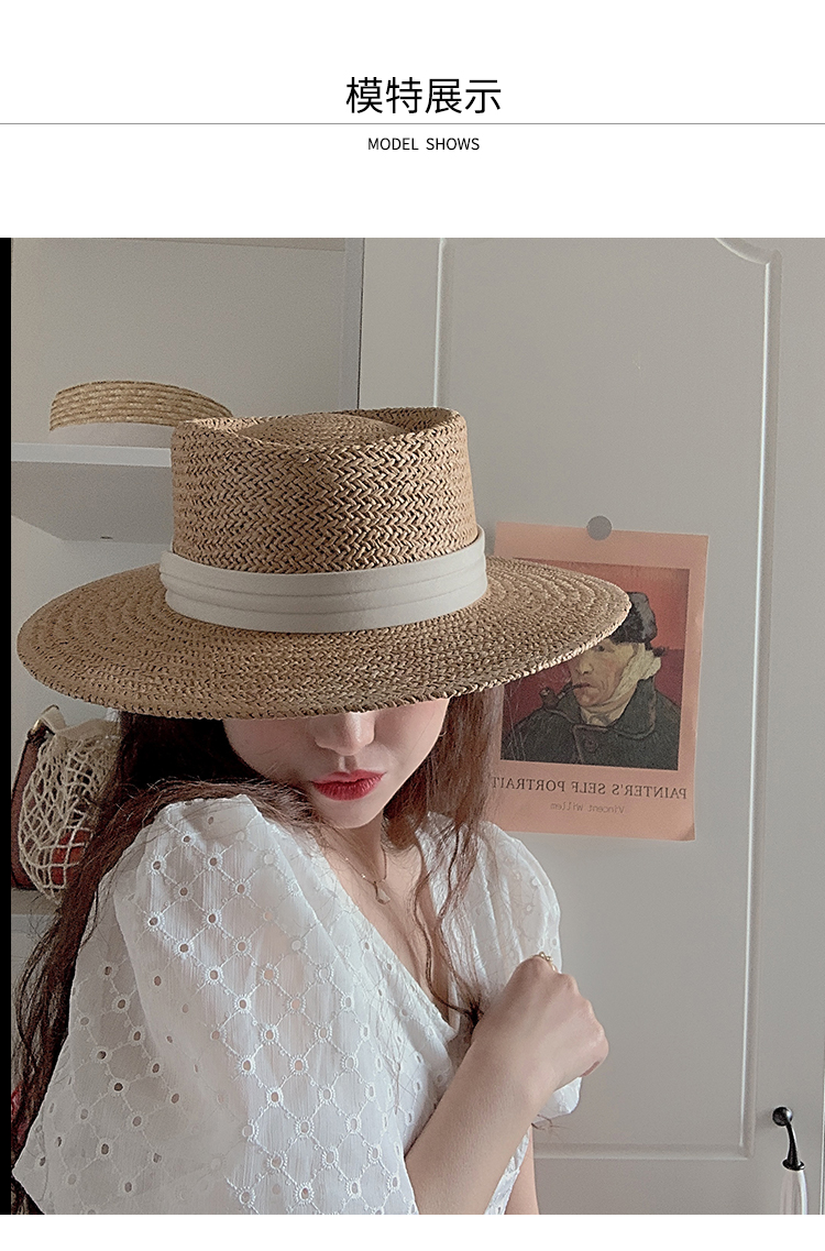 new lake网红法式平顶草帽子女小清新复古气质平沿礼帽防晒遮阳沙滩帽