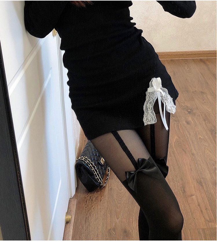 ideamini袜子 ideamini日系可爱蝴蝶结黑色假大腿袜过膝袜女jk黑丝袜