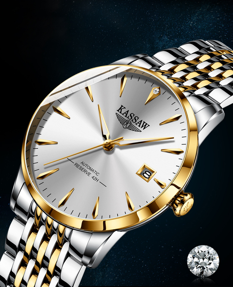 卡梭(kassaw)手表男机械表真钻全自动机械表薄款男表日历防水男士手表