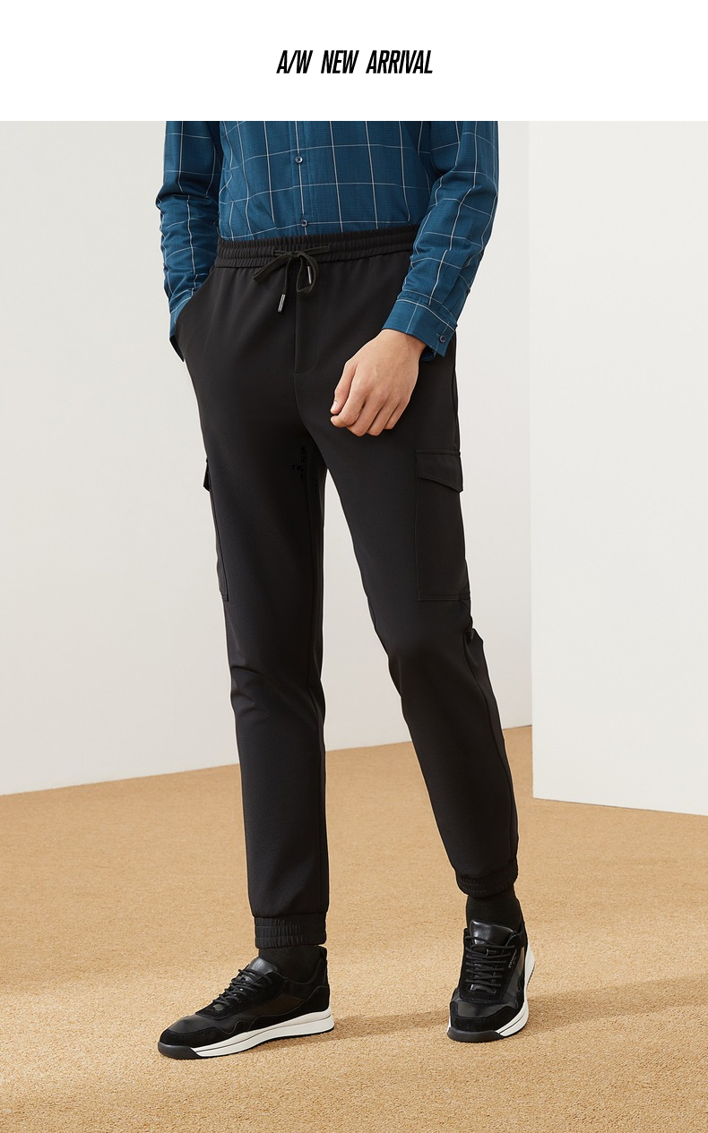 柒牌男裤便装长裤2021秋季新款青年男士松紧腰抽绳黑色休闲针织裤