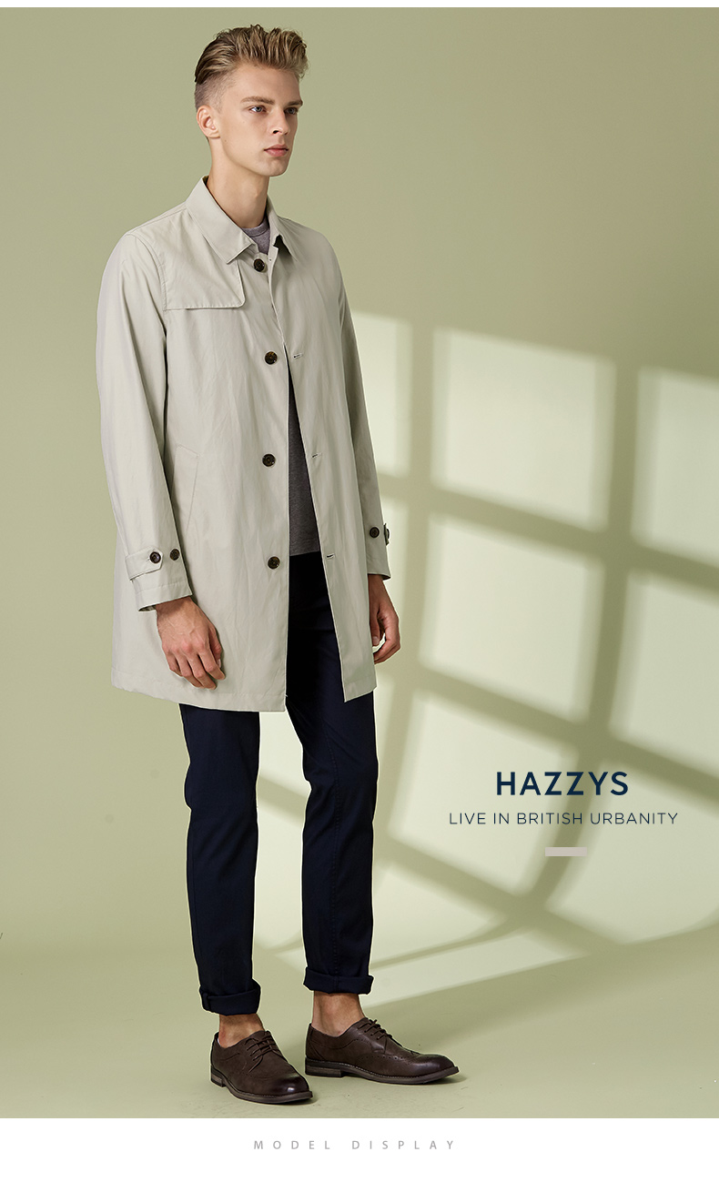哈吉斯hazzys 春夏新款风衣男时尚简约英伦单排扣风衣外套