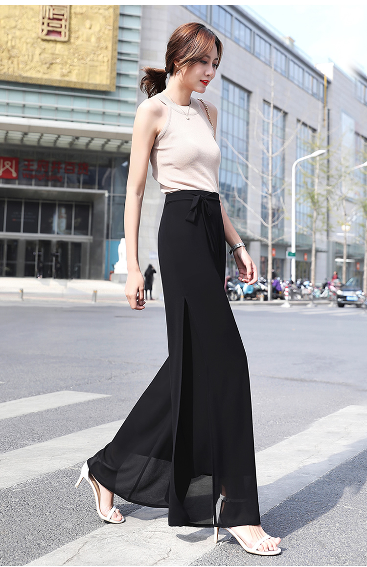 雪纺阔腿裤女2021春夏新款宽松垂坠感裤裙高腰显瘦直筒开叉九分薄长裤