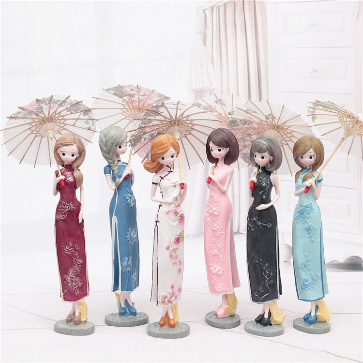 创意人偶可爱旗袍女孩打伞摆件中国风卡通人物公仔精品生日礼物学小号