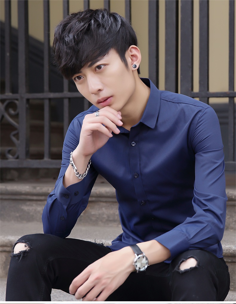 白衬衫男士长袖衬衣修身韩版青年纯色休闲寸衫男上班职业正装hlcoman