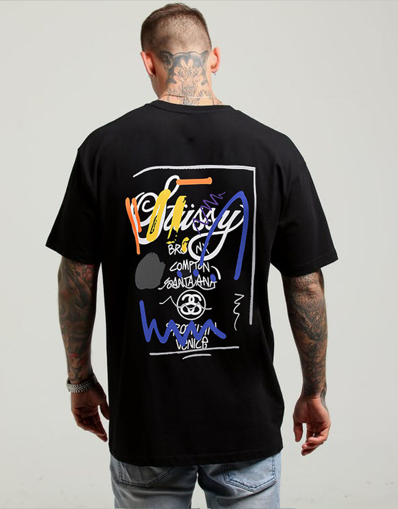stussy斯图西潮牌短袖男女世界巡游涂鸦泼墨纯棉圆领宽松情侣t恤a28
