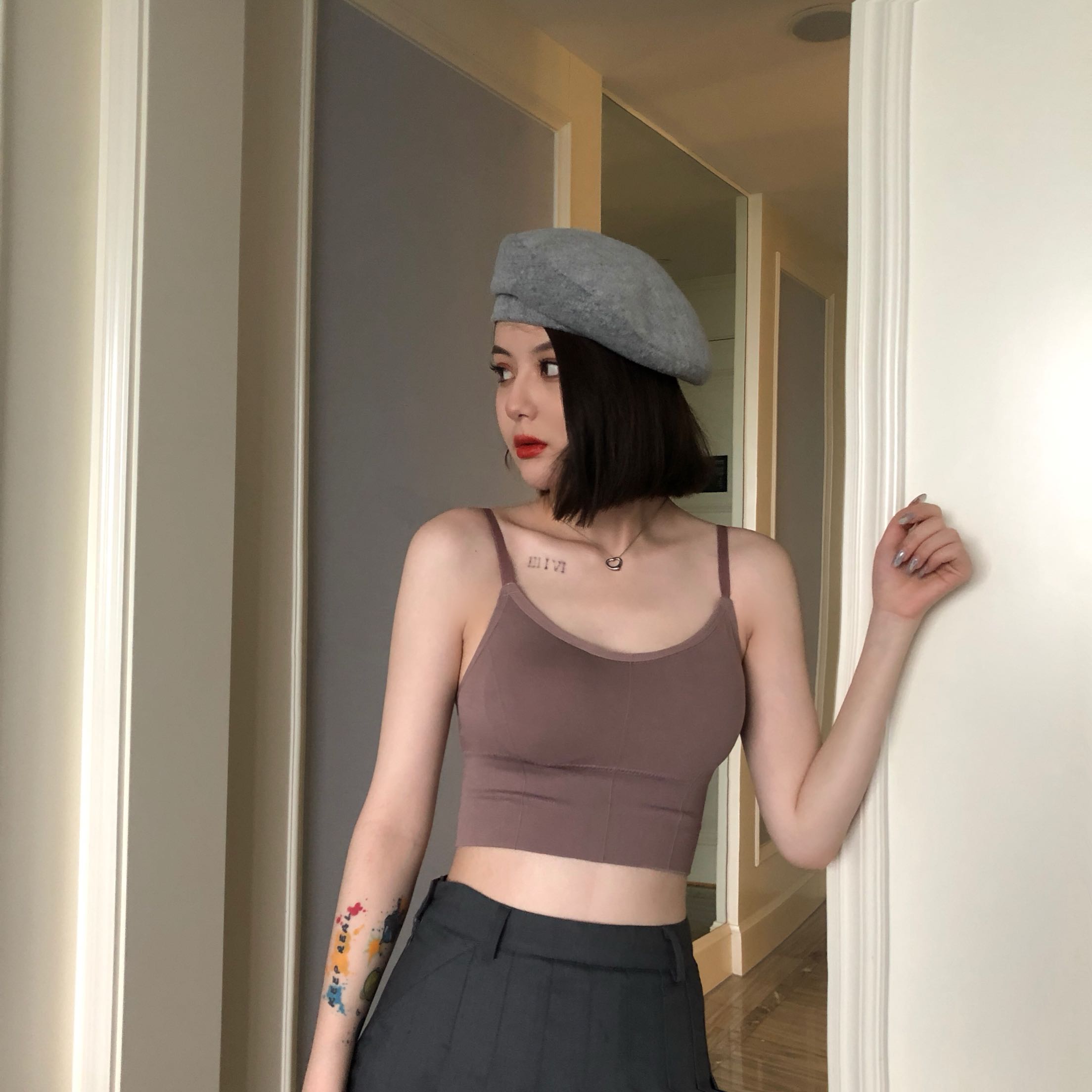 费琳抹胸 新款韩版弹力带胸垫螺纹细肩带背心式内衣学生内搭美背抹胸