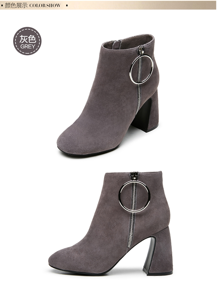 康奈女鞋冬季纯色羊反绒圆头粗跟侧拉链短筒靴女优雅通勤百搭时装靴