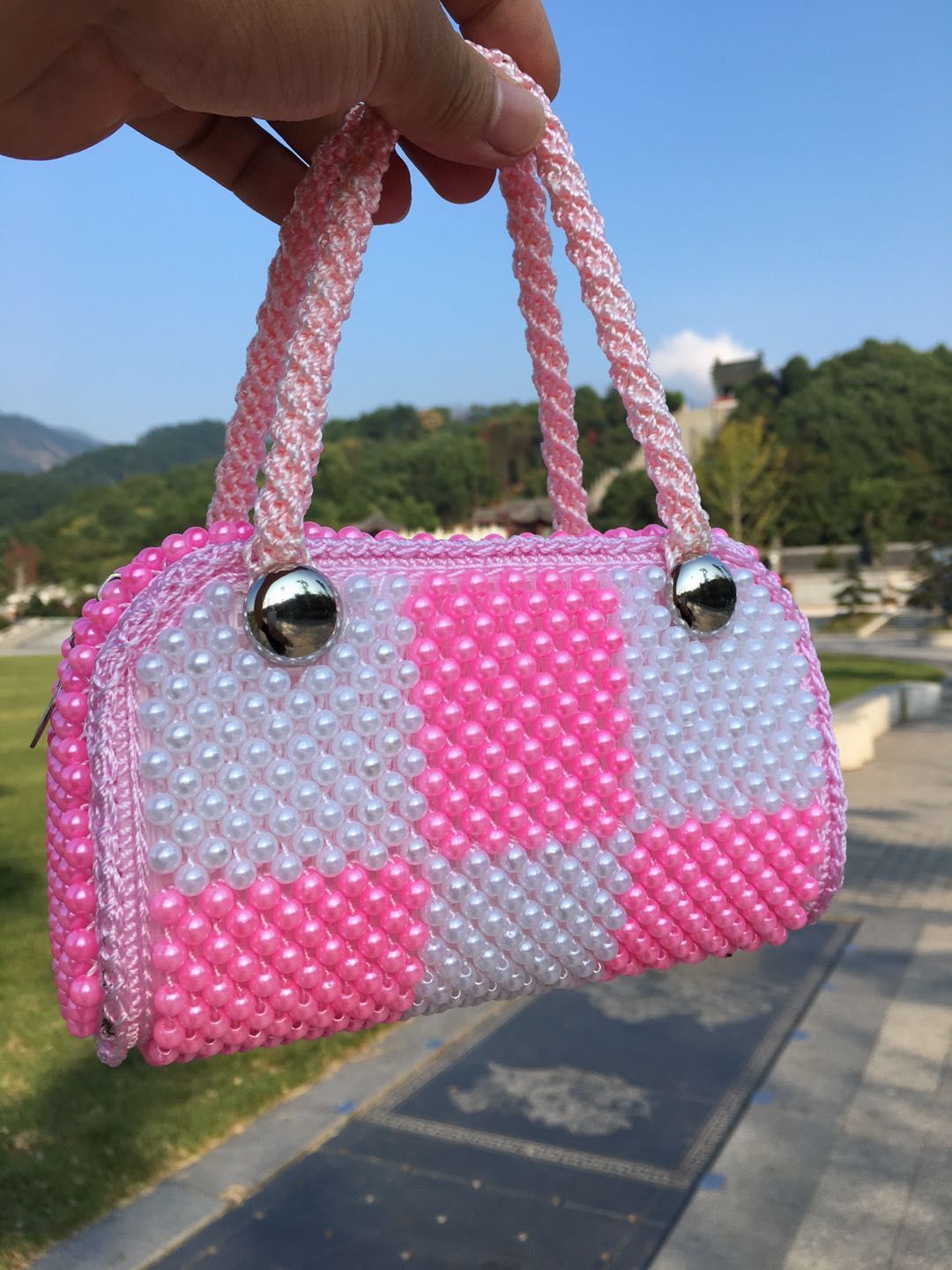 成品包包串珠手工成品手提妈咪包女包手提包单肩斜挎珠子包珍珠包粉