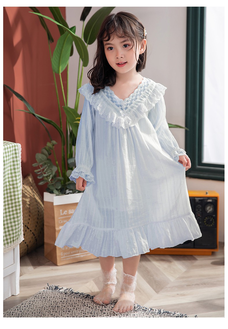 女童夏季长袖睡裙母女亲子小女孩蕾丝公主儿童服宝宝睡衣费琳