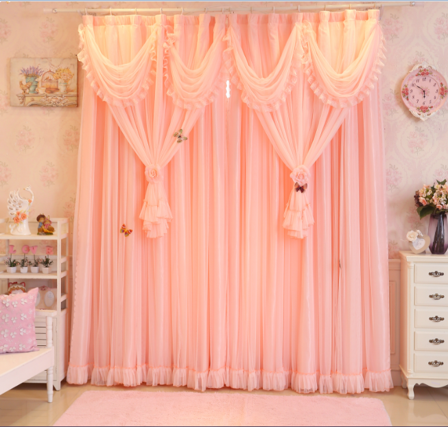 韩式红少女心窗帘成品粉色卧室蕾丝飘窗落地客厅窗纱三层公主风