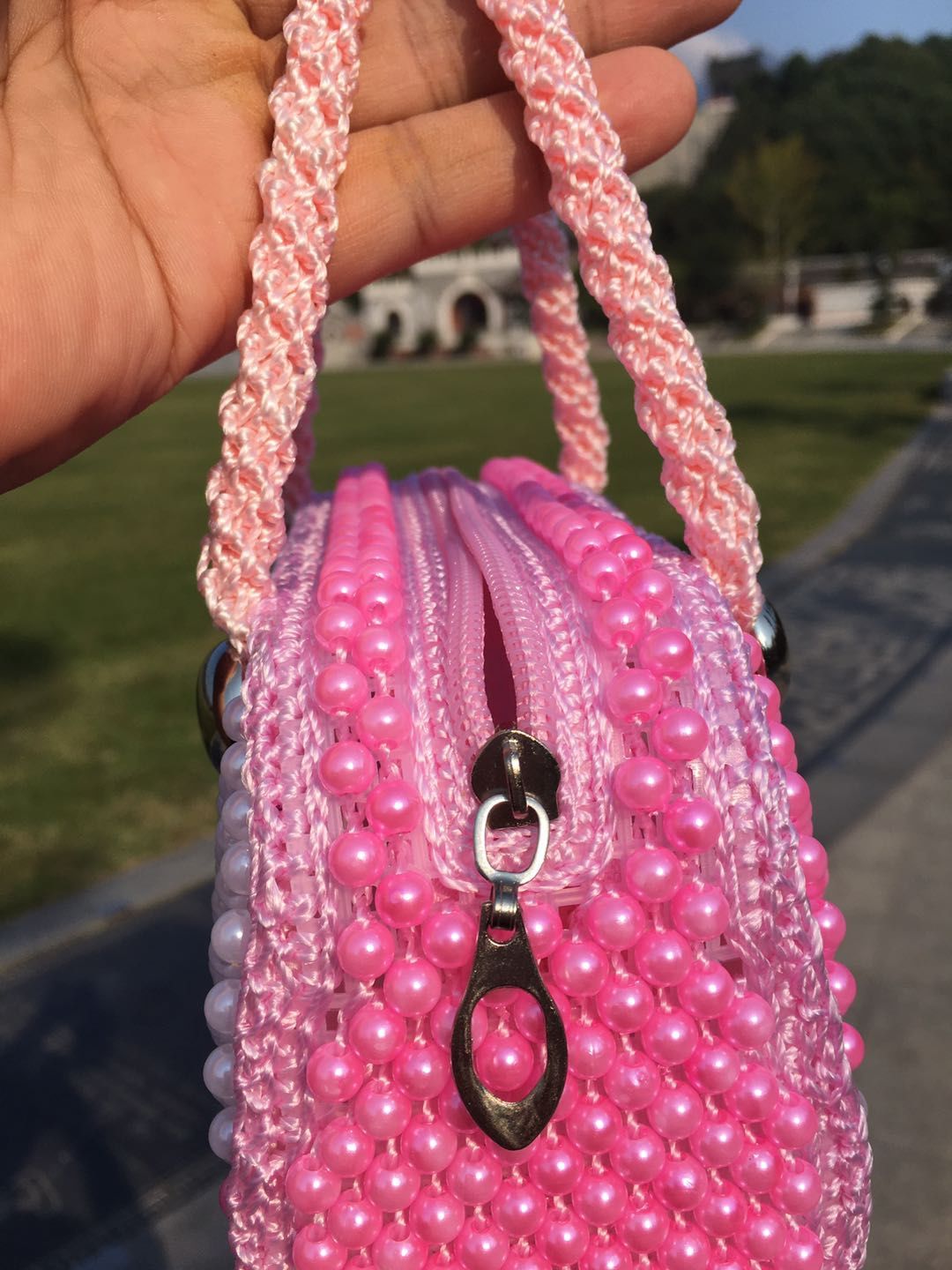 成品包包串珠手工成品手提妈咪包女包手提包单肩斜挎珠子包珍珠包粉