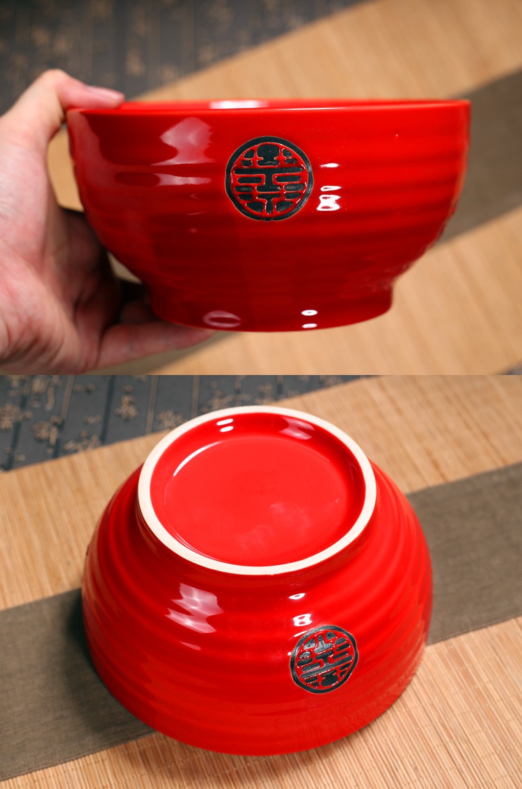 日式陶瓷红色面碗大汤碗红碗结婚碗筷套装情侣对碗喜庆礼品碗筷勺