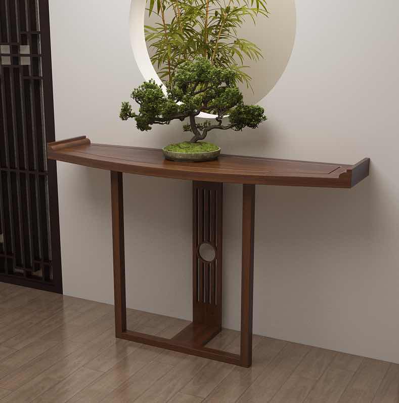 新中式半圆玄关桌 靠墙弧形闪电客玄关柜厅端景台仿古条案翘头装饰