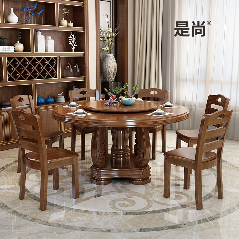 是尚 实木圆餐桌带转盘 橡木圆桌 圆餐桌 高档木 不含椅子【价格 图片
