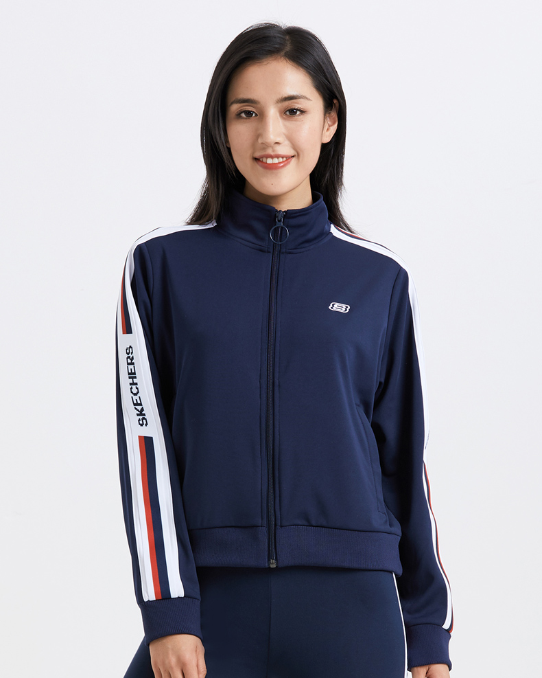 skechers斯凯奇女装针织运动服条纹拼接休闲上衣外套smaws19d516