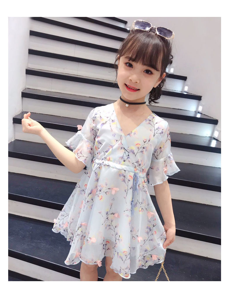 夏季新款小女孩裙子洋气中大童公主裙儿童纱裙 碎花雪纺连衣裙-粉色