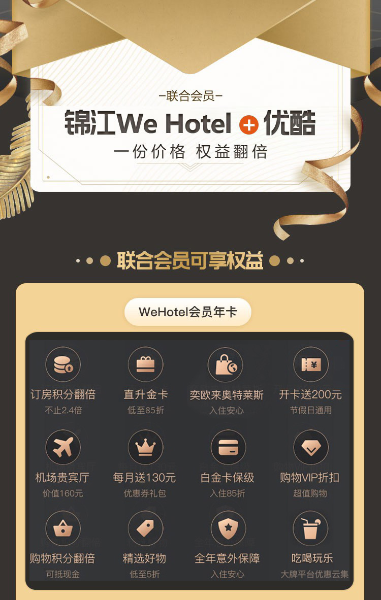 送优酷视频vip会员1年锦江酒店旅行wehotel超级会员铂涛耀卡酒店会员