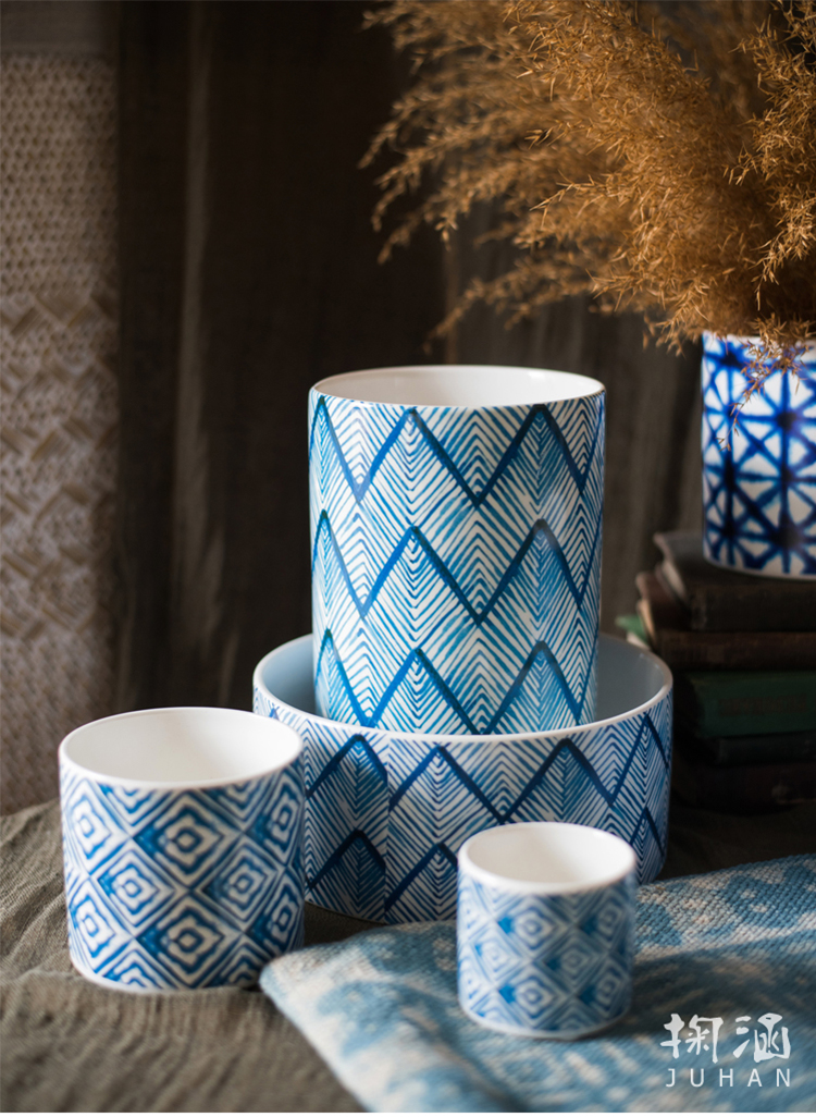 美帮汇蓝印花陶瓷花器 花盆花瓶 扎染蜡染装饰摆件笔筒杂物收纳 扎染