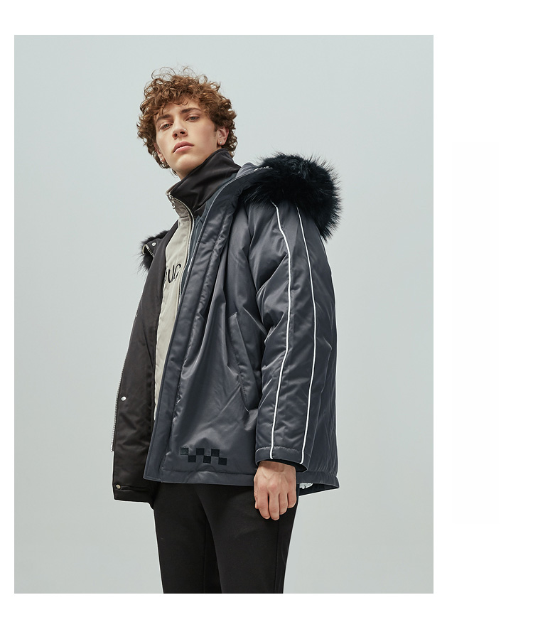 黑鲸hlajeans假两件毛领连帽羽绒服冬款保暖外套男cwraj48069a