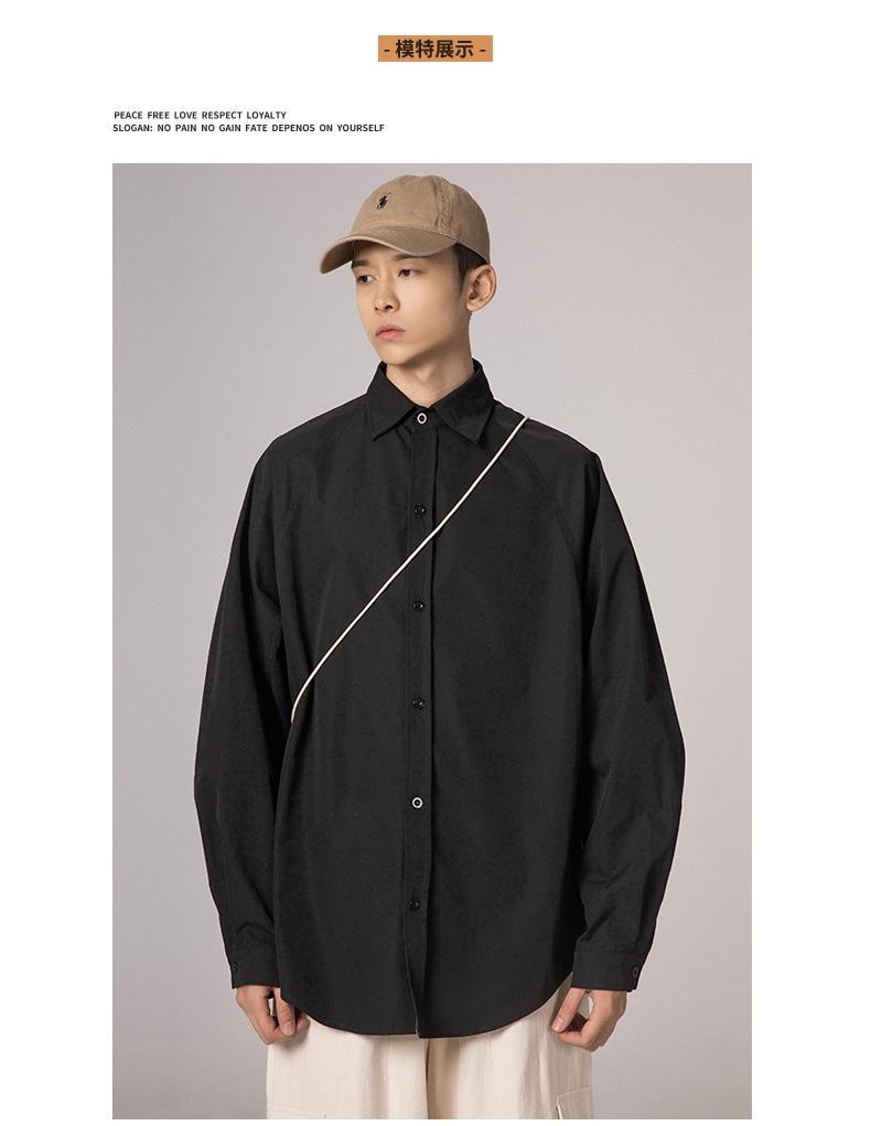 黑衬衫长袖宽松港风日系外套韩版潮流帅气白衬衣男衬衫男免烫男人长