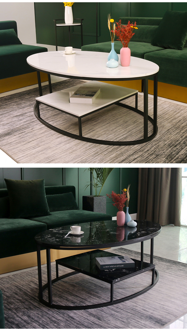 杞沐大理石茶几台面轻奢北欧小户型后现代简约创意椭圆形双层铁艺茶桌