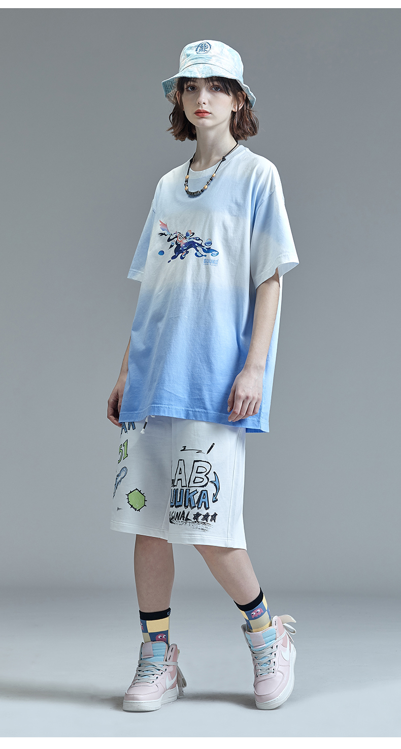 guukasank联名渐变色短袖t恤女纯棉新款情侣嘻哈潮牌五分袖宽松