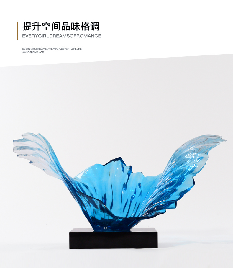 礼氏嘉 透明蓝色波浪雕塑工艺品售楼处大厅门口摆件水吧前台边几软