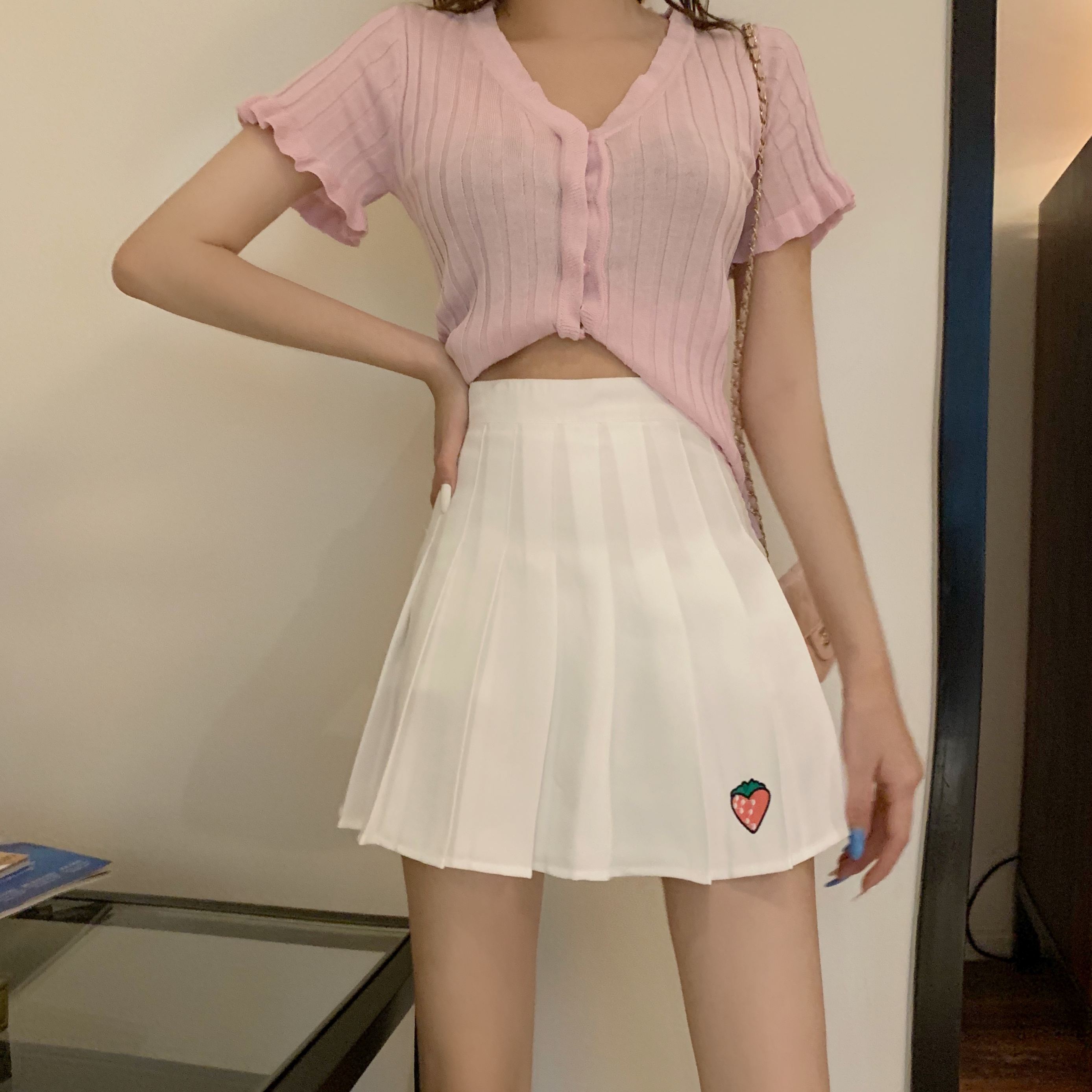 枫述夏季chic韩版草莓刺绣高腰百褶裙短裙女学生百搭防走光半身裙裤